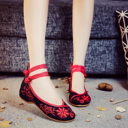 Veowalk Sunflower Embroidered Women Canvas Ballet Flats Ankle Strap Ladies Casual Cotton Chinese Embroidery Ballerina Shoes