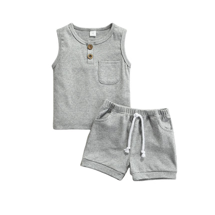 Pudcoco 2 Pcs Newborn Summer Outfits, Baby Solid Color Round Neck Tank Tops with Pocket + Drawstring Shorts 0-3T