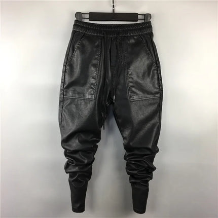 Owen Seak Men Casual Cargo Harem Pants High Street Hip Hop Length PU Faux Leather Sweatpants Autumn Winter Black Big Size