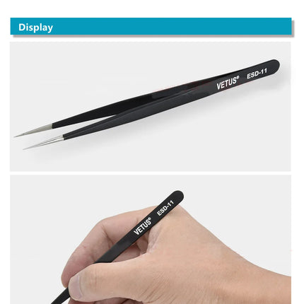VETUS Original ESD Series ESD-11 (140mm) Anti-static High-precision Stainless Steel Tweezers Anti-acid Alkali Resistant Pincers