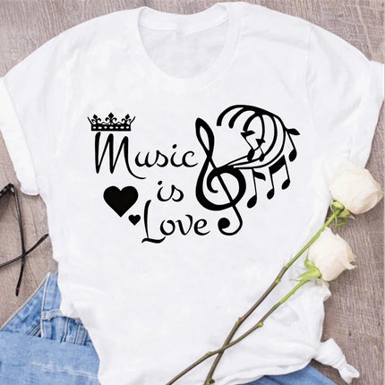 New Harajuku Funny Music Note Art T-Shirt Fashion Women T-Shirt Music Tops Short Sleeves Black T-Shirt Ladies Casual Tees Top