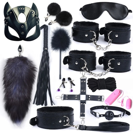 Sex toys for Women Bdsm Sex Bondage Set Handcuffs Whip 40CM Fox Tail Anal Plug Adult Games