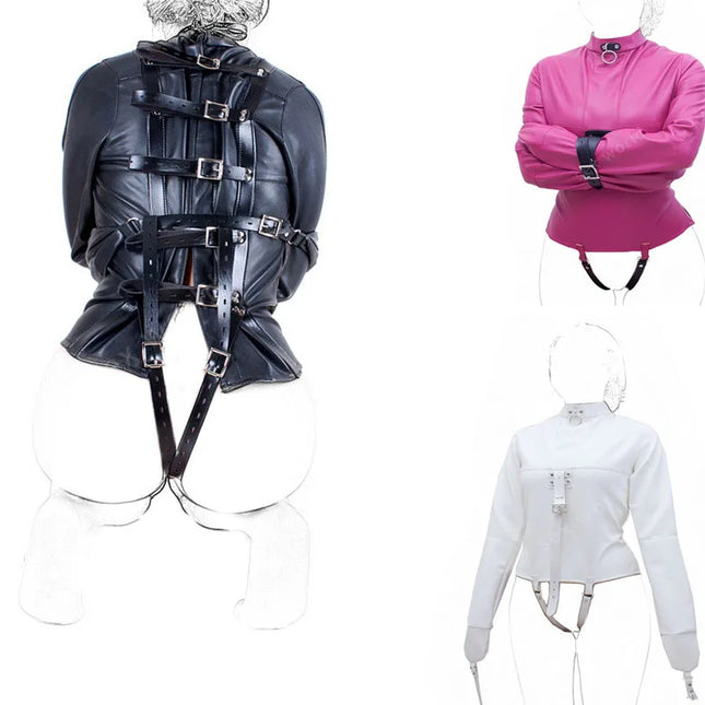 BDSM Leather Lingerie Straitjacket with Crotch Strap, SM Games Bondage Straitjacket Harness, Slave Role Gimp Costumes Sextoys