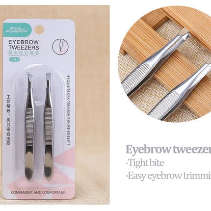 2Pcs/Set Professional Slanted/Flat Stainless Steel Hair Removal Clip Eyebrow Face Hair Remover Tweezers Eyebrow Plucking Tools