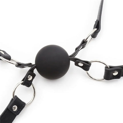 Double Belt Mouth Gag with Solid Silicone Ball D=50mm PU Leather Bondage Fun Sex Toy Mouth Plug Black