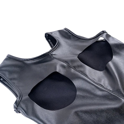 Women PU Leather Erotic Cupless Romper Bodysuit Back Lace Up Tight Fit Open Butt Crotchless Body Harness Fetish Lingerie
