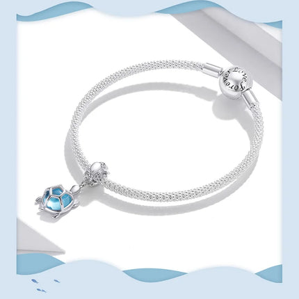 WOSTU 925 Sterling Silver Blue Conch Charm Ocean Bead Animal Turtle Starfish Pendant Fit Original Bracelet Necklace DIY Jewelry