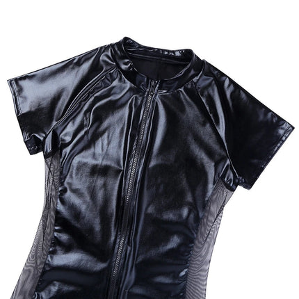 Male Exotic Sexy Faux Leather Bodysuit Front Zipper PVC Latex Teddies Catsuit Male Gay Erotic Fetish Jumpsuits Club Wear Costume