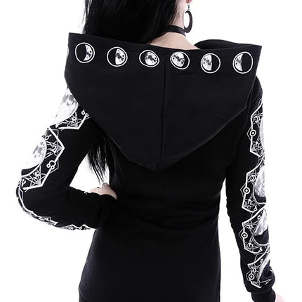Fashion Trend Women's Punk Black Hoodie Moon Print Long-sleeved Sweater