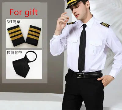 Super Quality Pilot Shirt Mens White Airline Pilot Uniforms Hair Stylist Fashion Slim Fit Workwear Big Size Male Clothing