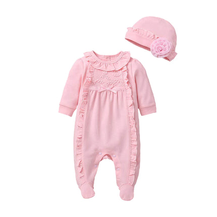 Newborn Baby Girls Romper Jumpsuit Long Sleeve Lace Ruffle Infant  Jumpsuit with Cap Toddler Clothing 0-12M