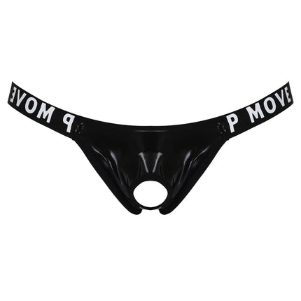 Mens Sexy Patent Leather Lingerie Hollow Out Bulge Pouch Latex Panties Jockstrap T-Back Letter Print Waistband Thongs Underwear