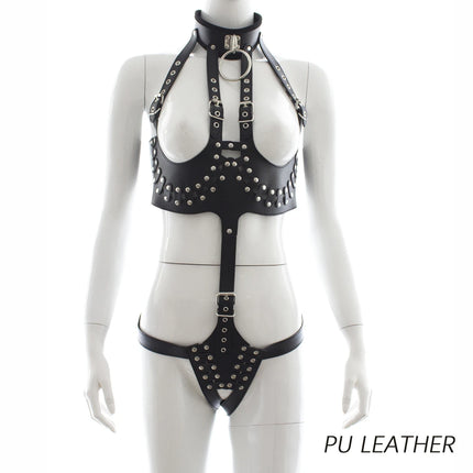 Thierry Adult Games Fetish  Leather Women's Bondage Cupless Bare Breast Open The Crotch With Neck Collar Chastity Device