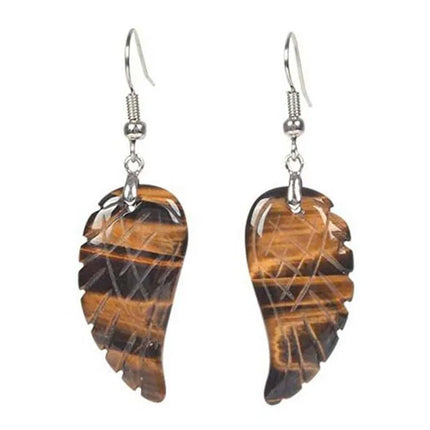 KFT Natural Carved Healing Reiki Crystal Quartz Stone Earring Amethysts Lapis Lazuli Angel Wing Dangle Hook Stone Earrings