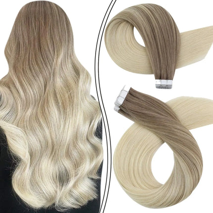 Moresoo Tape in Human Hair Extensions Balayage Blonde Hair Remy Hair Natural Soft Skin Weft Straight Seamless Hair Tape in Hair