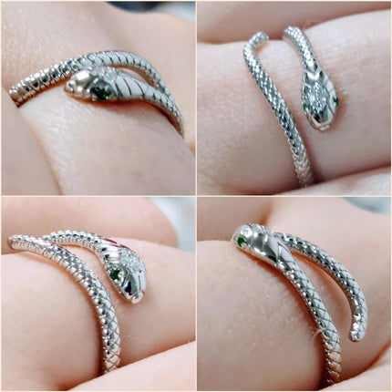 BAMOER 925 Sterling Silver Retro Textures Snake Adjustable Ring, 18K Gold Green Zircon Animal Ring Stackable Jewelry 4 Colors