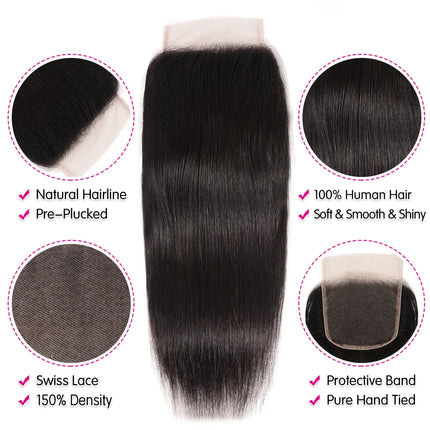 Unice Hair Malaysian Straight Hair Lace Closure 4X4 Free Part Remy Human Hair Closure Swiss Lace 1 PCS 150% Density