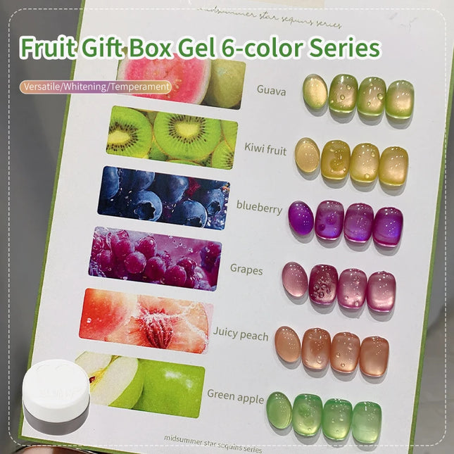 Fruit Cat Eye Nail Gel Polish With Glitter Glass Beads 6 Colors Set