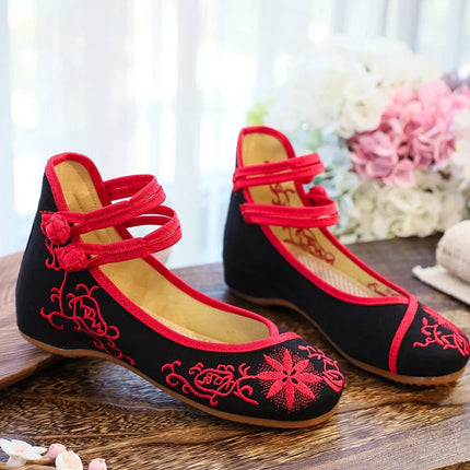 Veowalk Sunflower Embroidered Women Canvas Ballet Flats Ankle Strap Ladies Casual Cotton Chinese Embroidery Ballerina Shoes