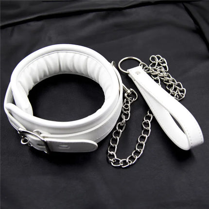 Soft Padded White BDSM Bondage Restraint Wrist Handcuffs Neck Collar Ankle Cuffs with Chain Slave Erotic Flirting Adult Sex Toys