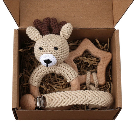 3Pcs/set Infants Shower Gift Baby Pacifier Chain Clip Beech Teether Wooden Teething Ring Newborn Crochet Animal Rabbite Rattle