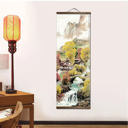 Chinese Traditional Style Four Seasons Landscape Canvas for Livingroom Wall Art Poster Solid Wood Scroll Paintings Home Decor