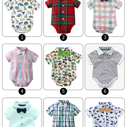 Newborn Boys Bodysuit with Bow Tie Cotton Baby Romper Soft Cartoon Animal Print Formal Short Sleeve Children Top Costume