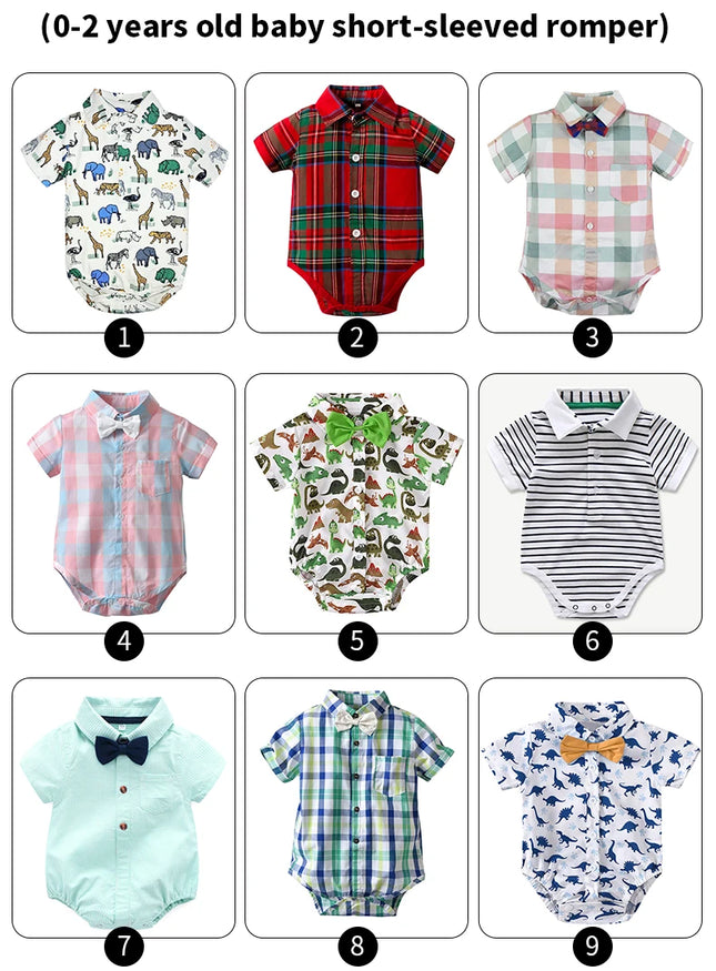 Newborn Boys' Bodysuit with Bow Tie, Cotton Baby Romper, Soft Cartoon Animal Print, Formal Short Sleeve Children's Top Costume