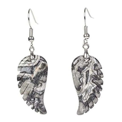KFT Natural Carved Healing Reiki Crystal Quartz Stone Earring Amethysts Lapis Lazuli Angel Wing Dangle Hook Stone Earrings