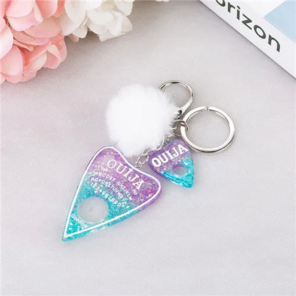1PC Women Ouija Planchette Keychain Resin Pompom Charms Handbag  Keyring With Puffer Ball Punk Board Crafts