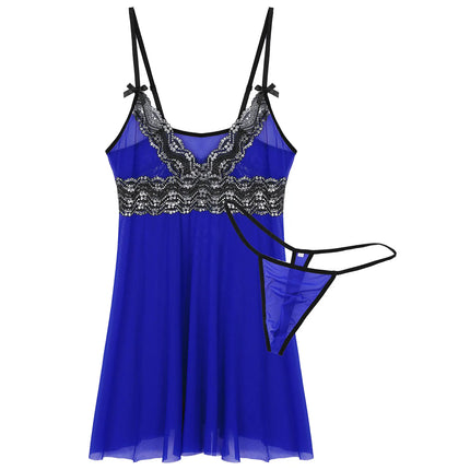 Men Women Babydoll Sleepwear Lace Trim Sissy Lingerie Sets Sling Straps Cross Dress with G-Strings Chemise Nightwear Clubwear