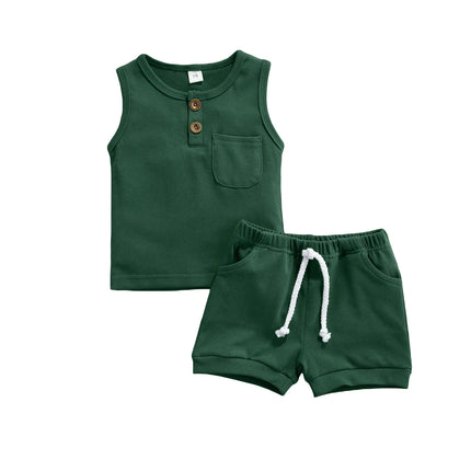 Pudcoco 2 Pcs Newborn Summer Outfits, Baby Solid Color Round Neck Tank Tops with Pocket + Drawstring Shorts 0-3T