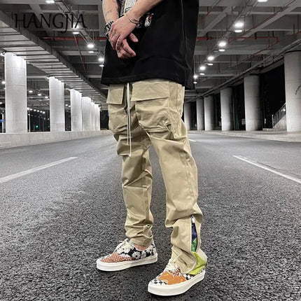 Patchwork Cashew Flower Print Side Zip Up Cargo Pants Men Y2k Streetwear Casual Functional Relaxed Fit Cargo Trousers Male