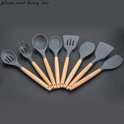 Silicone world Cooking Kitchenware Tool Silicone Utensils With Wooden Multifunction Handle Non-Stick Spatula  Spoon Brush