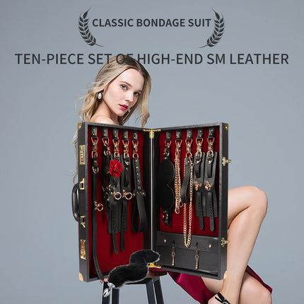 Luxury Genuine leather BDSM Kits Bed Bondage Set Restraint Handcuffs Collar Gag Erotic Sex Toys For Women Couples Adult Games