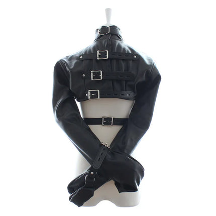Black Synthetic Leather Straitjacket Bondage Head Hood HeadMask Mitts Gloves BDSM Adult Games Adjustable Body Restraint Sex Toys