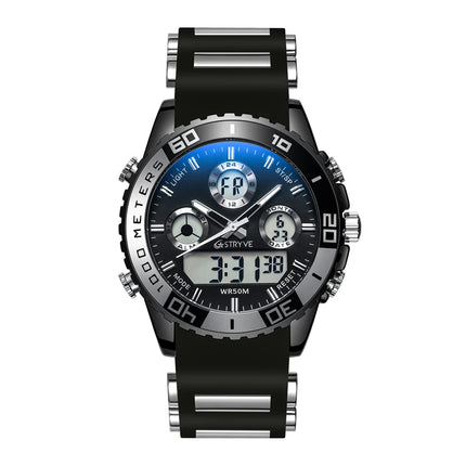 STRYVE 8023 Men's Watch Electronic Quartz Dual Movement Rubber Strap Date Week Luminous 50M Water Resistant Fashion Sports Watch