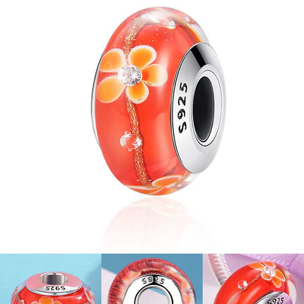 BAMOER 925 Sterling Silver Lovely Pink Flower European Murano Glass Charm Beads for DIY Charm Bracelets Christmas Gifts SCZ001