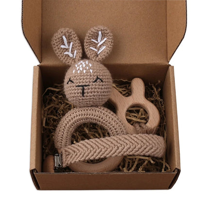 3Pcs/set Infants Shower Gift Baby Pacifier Chain Clip Beech Teether Wooden Teething Ring Newborn Crochet Animal Rabbite Rattle