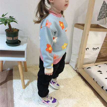 2024 Autumn Winter Girls Floral Knitted Sweater Baby Kids Thick Keep Warm Long Sleeve Tops Toddler Children's Pullover for Girls