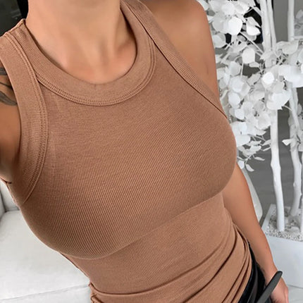 Women Solid Round Neck Ribbed Tank Top Camisole Women Summer Basic Elastic Tank Top O Neck Solid Tank Top