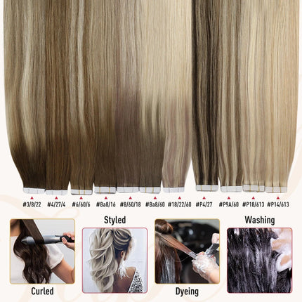 Moresoo Human Hair Extensions Tape in 100% Real Hair Natural Straight Machine Remy 2.5G/PCS Brazilian Hair Seamless Invisible