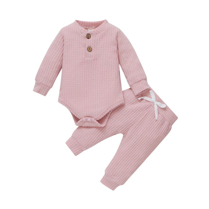 Infant Newborn Baby Girl Boy Spring Autumn Ribbed/Plaid Solid Clothes Sets Long Sleeve Bodysuits + Elastic Pants 2PCs Outfits