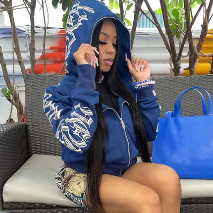 2025 Zipper Letter Print Baddie Clothes Women Hooddies Casual Streetwear Athleisure Sporty Tops Cyber Ghetto Sweatshirts New