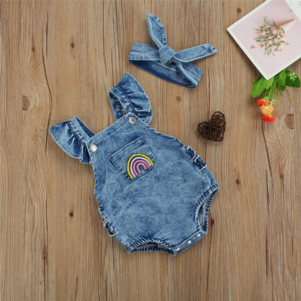 Citgeett Summer Infant Baby Girls Outfit Rainbow Embroidery Fly Sleeve Lace Denim Bodysuit+ Headwear Set Clothes