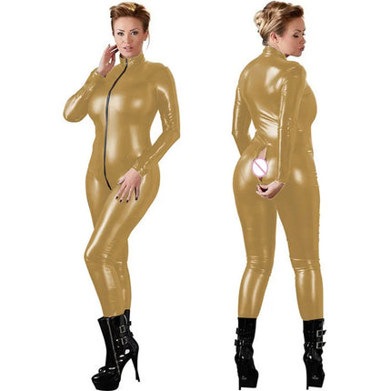 Plus Size Faux Leather Catsuit Long Sleeve 2 Way Zipper Bodysuit Pole Dance Nightclub Cosplay Costume Fetish Sexy Bodysuits