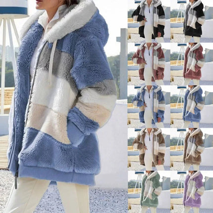 2024 Autumn Winter Warm Plush Patchwork Zipper Pocket Hooded Loose Coat for Women