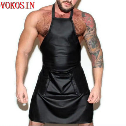 M-2XL Sexy Black Soft Faux Leather Men Front Open Crotch Zipper Pocket Apron DS Night Club Pinafore Backless Sexy Lingerie