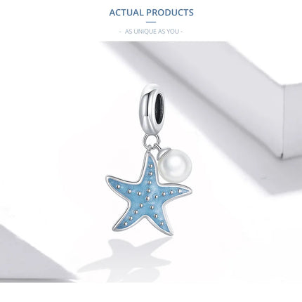 WOSTU 925 Sterling Silver Blue Conch Charm Ocean Bead Animal Turtle Starfish Pendant Fit Original Bracelet Necklace DIY Jewelry