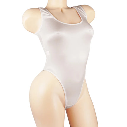 Satin Glossy Leotards One Piece Swimsuit Sexy High-Cut Open Crotch Bikini Thong Bodysuit Shiny Women Lingerie Plus Size